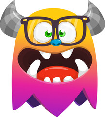 Funny cartoon monster character wearing eyeglsses. Illustration of happy alien creature. Halloween design. Vector isolated