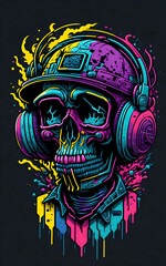 Colorful graffiti illustration of a cute skull, wearing headphones, vibrant color, great detail, Generative AI 
