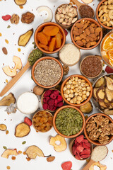 Set of Nuts Walnuts, Brazil Nut, Almond, cashew, Pine Nut peanuts, pistachios, pecans collection Isolated, Set of different delicious organic nuts on white background