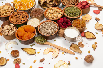 Set of Nuts Walnuts, Brazil Nut, Almond, cashew, Pine Nut peanuts, pistachios, pecans collection Isolated, Set of different delicious organic nuts on white background