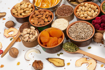 Set of Nuts Walnuts, Brazil Nut, Almond, cashew, Pine Nut peanuts, pistachios, pecans collection Isolated, Set of different delicious organic nuts on white background