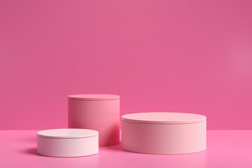 Three pink cylinder podiums on an isolated background, pastelgeometric, round realistic pedestal, cosmetic showcase, template, copy space, advertising, product display, 3D Rendering