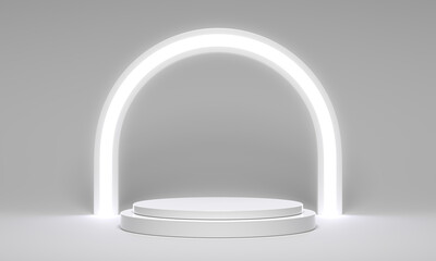 Three white cylinder podiums on a light arch background, white geometric, round realistic pedestal, cosmetic showcase, template, copy space, advertising, product display, 3D Rendering