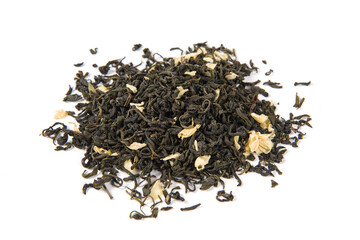 dry jasmine scented tea leaves  isolated on white background
