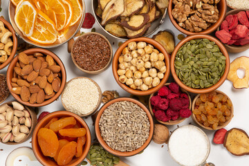 Set of Nuts Walnuts, Brazil Nut, Almond, cashew, Pine Nut peanuts, pistachios, pecans collection Isolated, Set of different delicious organic nuts on white background