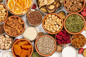 Set of Nuts Walnuts, Brazil Nut, Almond, cashew, Pine Nut peanuts, pistachios, pecans collection Isolated, Set of different delicious organic nuts on white background