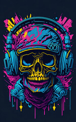 Colorful graffiti illustration of a cute skull, wearing headphones, vibrant color, great detail, Generative AI 
