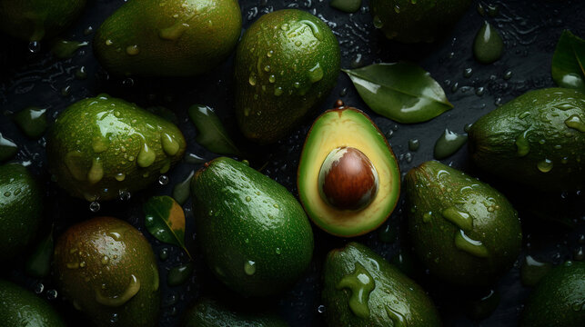 Avocados, seamless background, Fresh avocado, Fresh avocado cut in half. Generative AI.