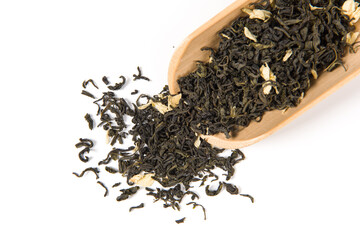 dry jasmine scented tea leaves  isolated on white background