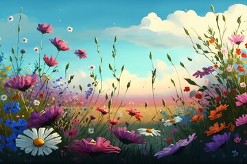 Obraz na płótnie Canvas landscape with flowers and trees nature wallpaper. Illustration of a colorful abstract flower meadow wallpaper. spring background. nature flower wallpaper. abstract background. AI-Generated
