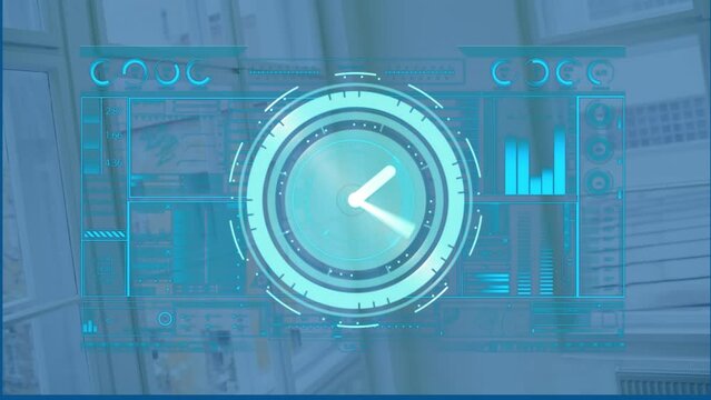 Animation of digital clock, graph, loading bars, circles against window and staircase in background