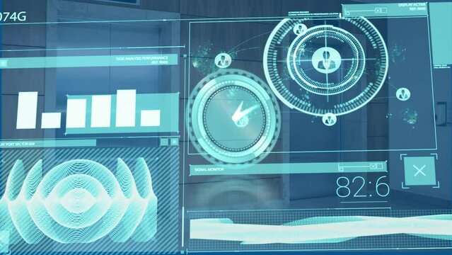 Animation of digital clock over graph, soundwave, profile icons, numbers against elevator doors