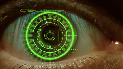 Eye with a futuristic vision of a person, control and protection of people, access control and...