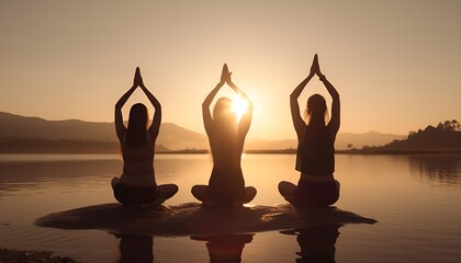 yoga at sunset, women doing yoga, symbolizing peace, mindfulness and harmony. Created using generative AI.