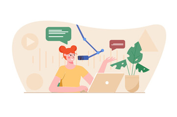 Podcast orange concept with people scene in the flat cartoon design. Girl records a podcast live in a radio studio.