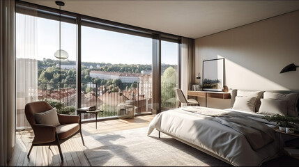 AI generative Interior of a modern bedroom with wooden walls, concrete floor, comfortable king size bed, armchair and bookcase