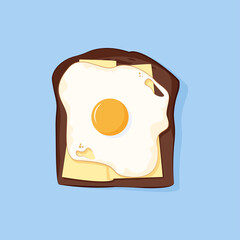 Brown slice of bread with butter and fried egg on blue background