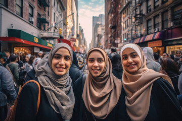 Naklejka premium Portrait of three muslim young women wearing brown hijab and smiling and looking at camera in new york city streets. Inclusion concept. Generative AI.