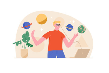 Metaverse orange concept with people scene in the flat cartoon style. Guy got into virtual reality with help of digital gadgets and technologies.