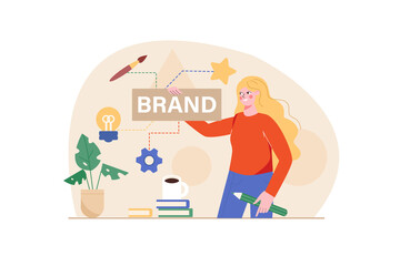 Orange concept Branding with people scene in the flat cartoon style. Creative designer is thinking about how to change the logo of one of the clients.