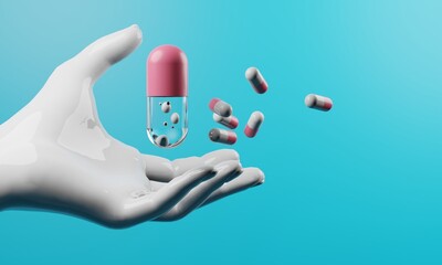 doctor hand and hold drug for patient, pills medicine capsule for health care in hospital, medical and treatment insurance, 3d illustration rendering