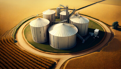 Silos in a barley field. Storage of agricultural production.