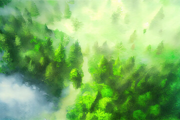 Aerial shot of the beautiful mountains and valleys covered with grass and tree. Generative Ai