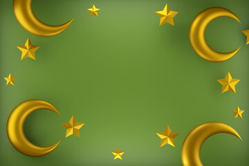 Gold star and gold crescent moon on green background, 3d objects