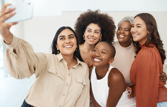 Creative woman, friends and smile for selfie, profile picture or social media business at office. Happy, friendly or diverse group of women smiling for photo, vlog or online post at workplace startup