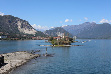 Fototapeta na wymiar Scenic view of Lake Maggiore and the island of Isola Bella. Beautiful Italian landscape.