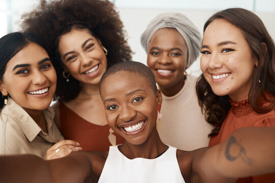 Business woman, friends and smile for selfie, profile picture or social media business at office. Portrait of happy and diverse group of women face smiling for photo, vlog or online post at workplace
