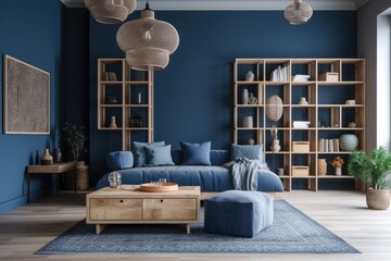 Living room with wooden couch, blue wall, bookshelf, and pouf. Generative AI