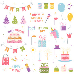 Set of elements for a birthday party. Birthday vector illustration. Set for holiday greetings. Cartoon lettering.