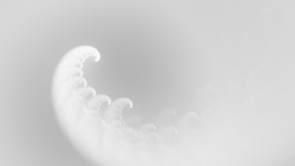 Fototapeta premium White abstract ethereal wispy smoke tentacles wallpaper background. Elegant minimal subtle light grey glowing smoky nautilus spiral banner backdrop. Ghostly sea creature tendril fractal 3D rendering.