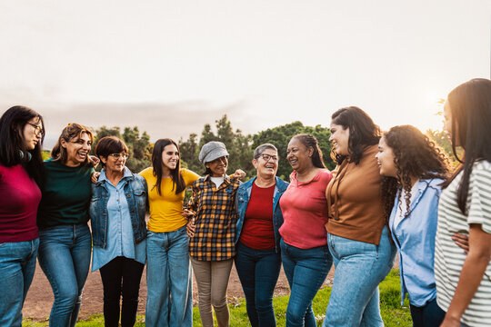 Happy Multigenerational Group Of Women With Different Ethnicities Having Fun In A Public Park - Females Empowerment Concept