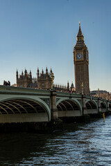 Big Ben and London Bridge against a blue sky