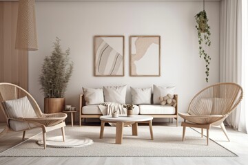 Scandinavian style minimalist living room backdrop. Generative AI