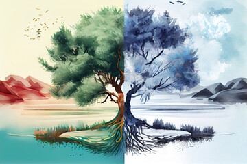 Tree is in two seperate state to show that the world is in danger. Generative Ai