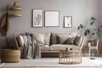Minimalist living room with gray couch, newspaper holder, macrame, plaid, cushions, mock up poster frame, and stylish accessories. Interior design. Template. Gray. Generative AI