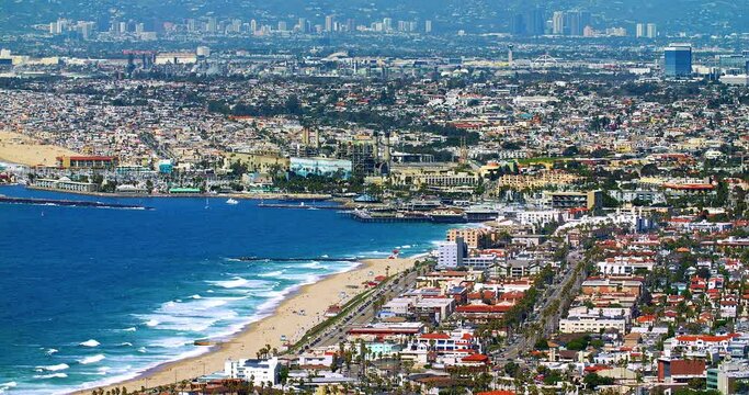Aerial panorama of Hermosa Beach, Redondo Beach, Manhattan Beach and Pacific Ocean in Los Angeles, California, 4K