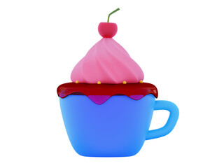 3d Mug cakes Cupcake in a mug with chocolate, cream and cherry. Color Minimal 3D rendering illustration