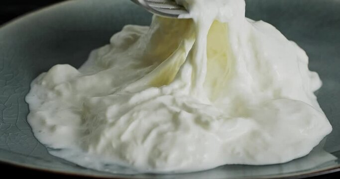 Video of stracciatella cheese. Italian mozzarella, taking a piece of stretched curd cheese shreds with fork, Stracciatella di bufala, eating mozarella with fork, close up video clip, 4k footage