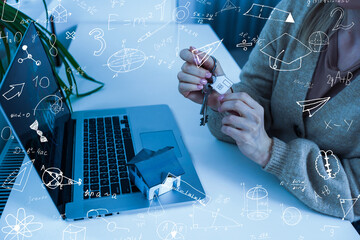 Double exposure of abstract virtual chemistry hologram on modern interior background, research and development concept.