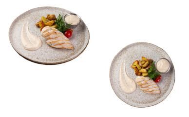 Fried chicken breast and potatoes in a plate. Transparent.