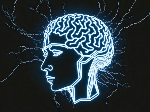電脳空間の人体頭部イメージ head profile lightning strike in cyberspace. generative AI
