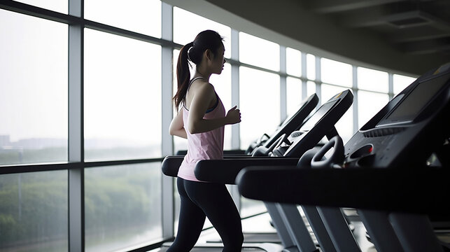 Woman running on treadmill, doing sports. fitness. Health and sport. Generative AI.