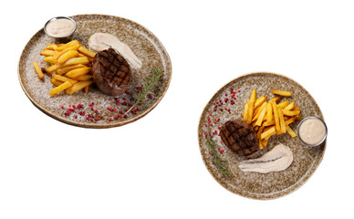 
Steak and french fries in a plate. Transparent.