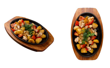 Fried potatoes with chicken and vegetables in a frying pan. transparent.