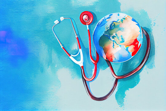 Global health care, watercolor oil painting effect. Generative Ai