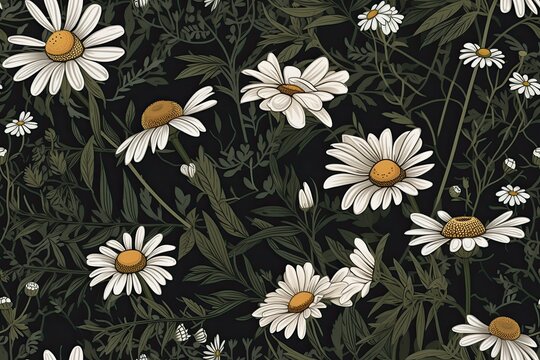 white daisies on a black background. Generative AI